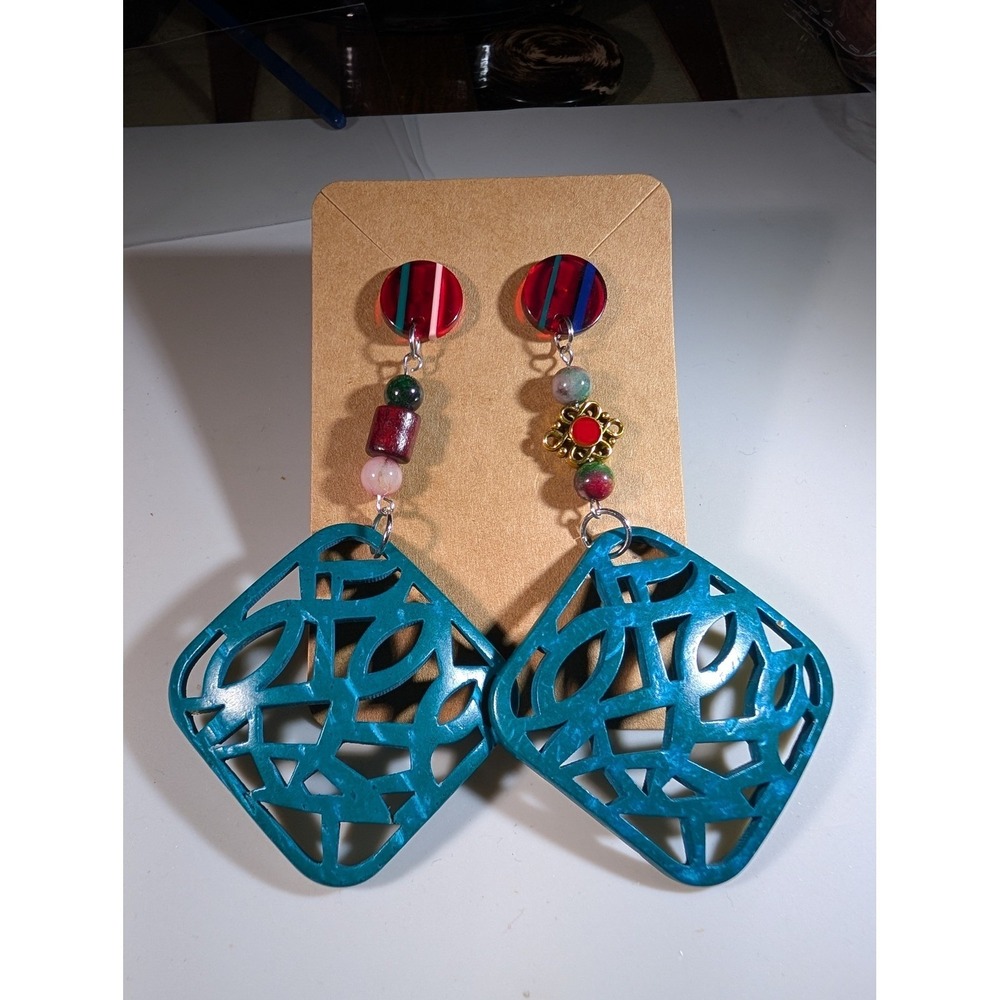 Boho Statement Earrings Teal Geometric‎ Cut Out Wood Mismatched Beaded Dangle